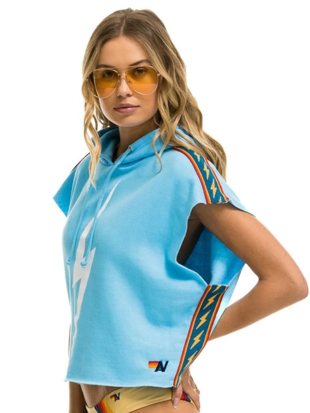 AVIATOR NATION - BOLT STRIPE SLEEVELESS RELAXED CROPPED PULLOVER HOODIE - SKY XS - Picture 5 of 12
